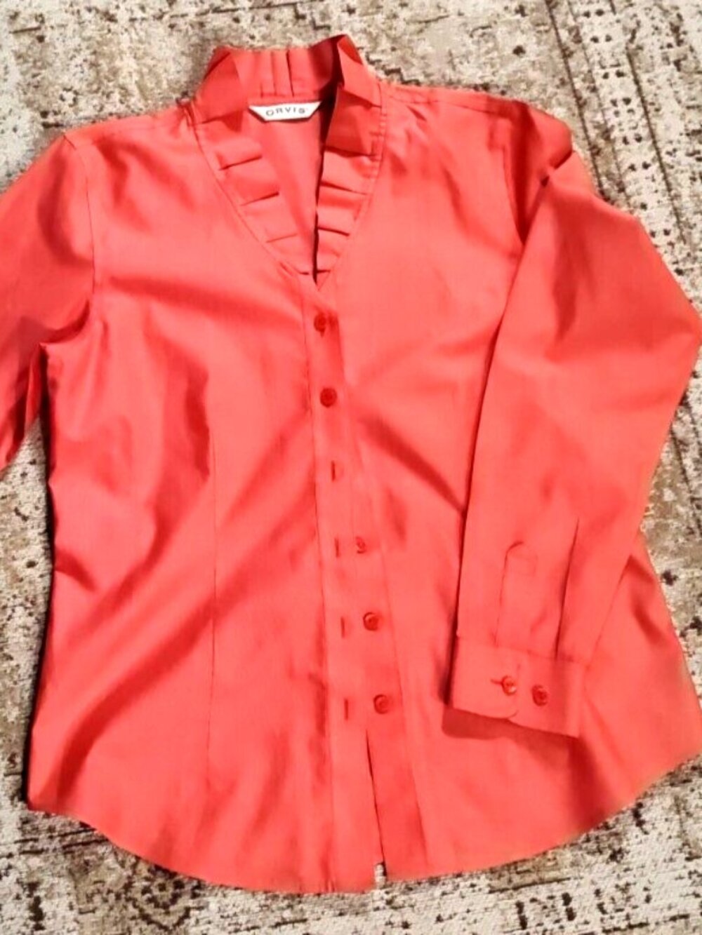Orvis Sz 6 Coral-Red Stand Up Ruffle Collar Blouse Dress Shirt Oxford